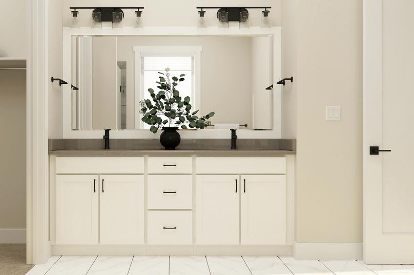 Rendering of the master bathroom with
  showing a double0-sink vanity with white cabinetry.