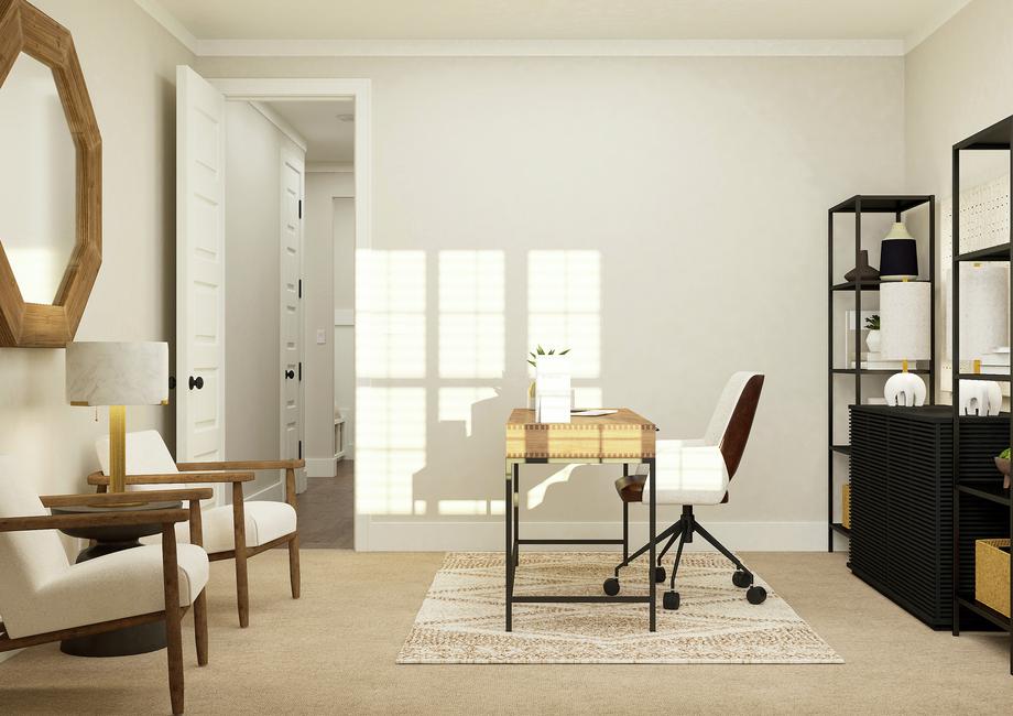 Rendering of office furnished with a
  large dest and two chairs