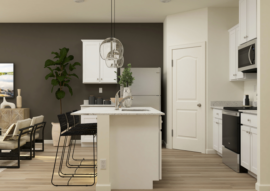 Rendering of a kitchen with stainless steel appliances and white cabinetry.