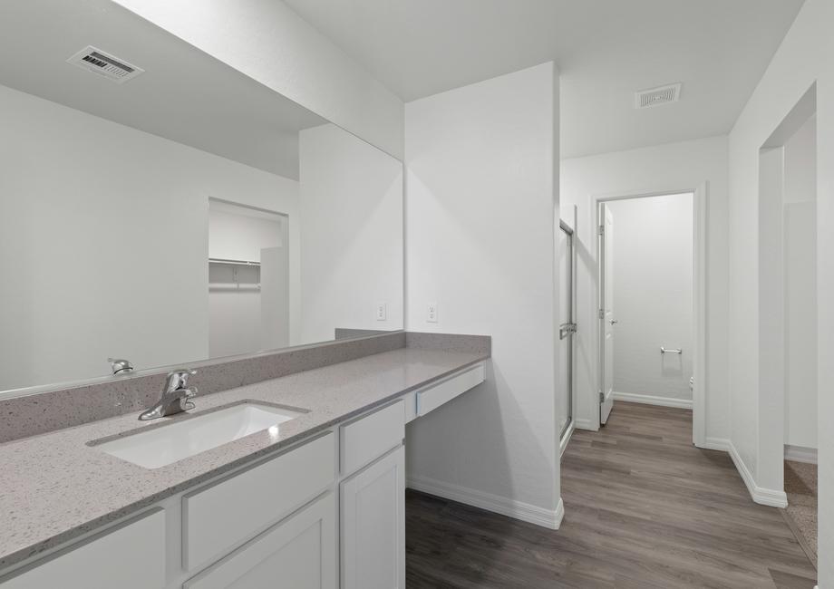 The master bathroom has a large vanity and a step in shower. 