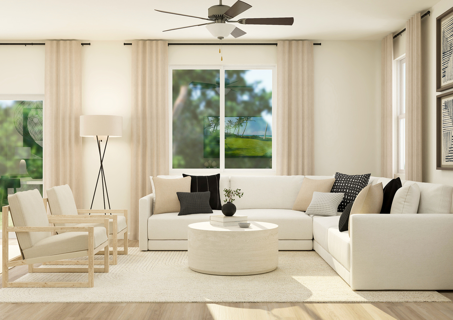 Rendering of a
  living room furnished with a white sectional couch and two light brown
  chairs.Â 