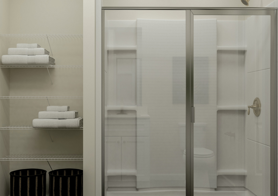 Rendering of the large shower and linen  storage in the master bath.