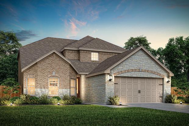 Dusk elevation rendering of the Martin with brick and stone.