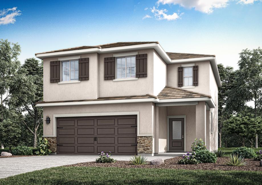 The C elevation of the Morgan floor plan - a 2-story stucco home.