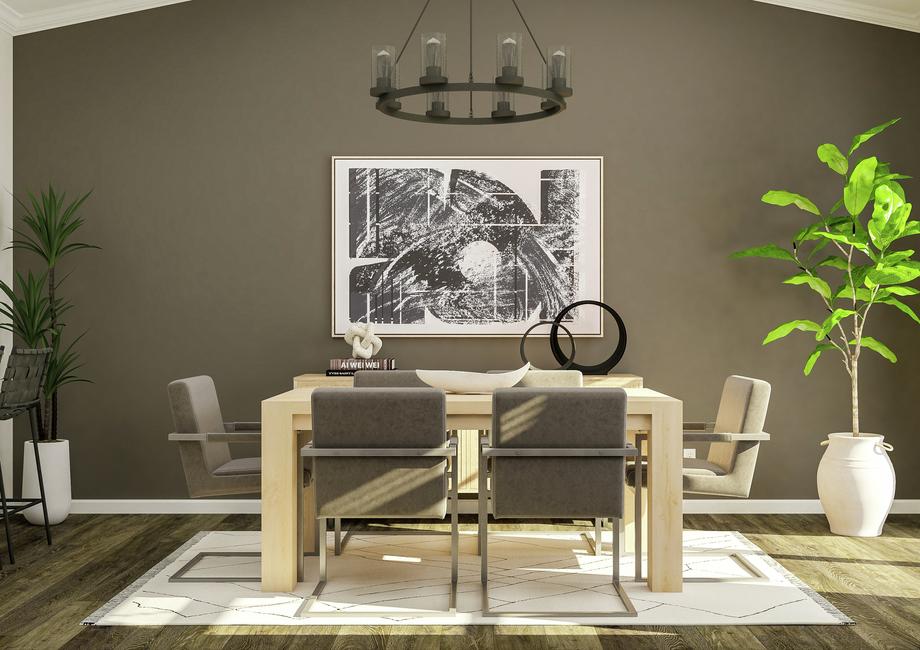 Rendering of the dining area featuring a  large table, chairs, a large lighting fixture, and a view of the kitchen to  the left.