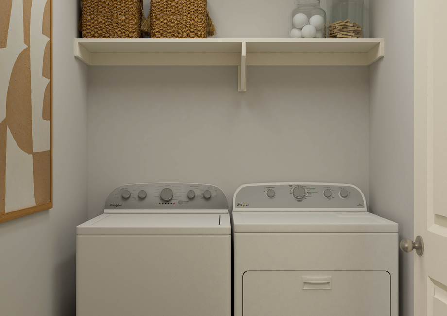 Rendering of a laundry room showing a  washer and dryer.