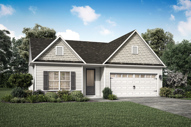 Elevation rendering of the Allatoona with a water table, front yard landscaping and shutters.