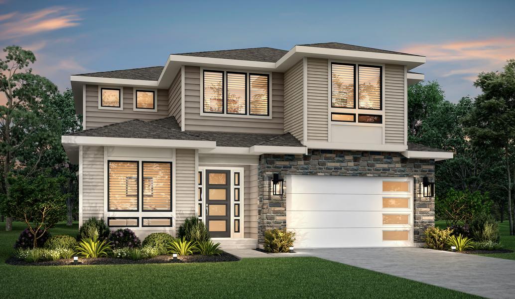 Two-story Americano elevation rendering with stone accents.