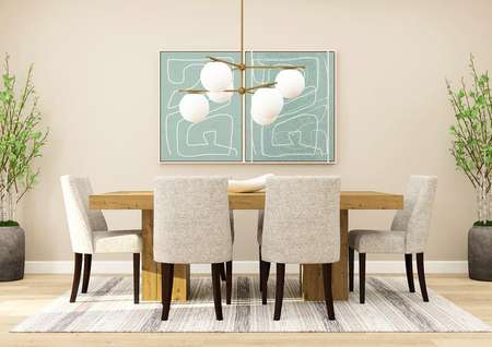 Rendering of the Basswood floor plan's
  spacious dining area featuring large furniture and wall art.