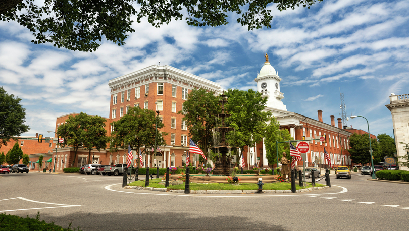 Memorial Square and the Franklin County Courthouse in downtown Chambersburg, Pennsylvania USA.