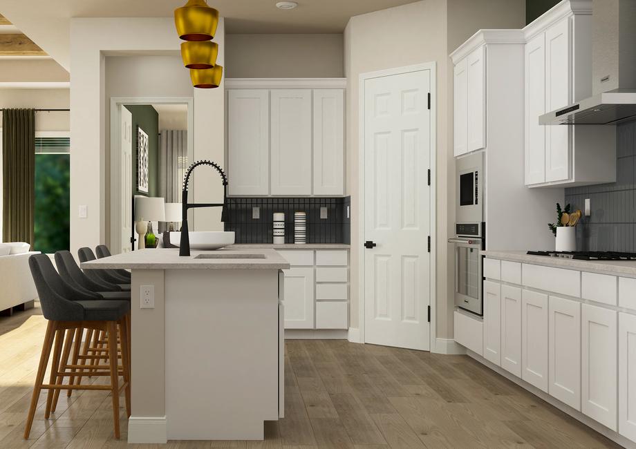 Rendering of the kitchen in the Jasmine
  with wood-look vinyl plank flooring, white cabinetry, tiled backsplash and
  large island.Â 