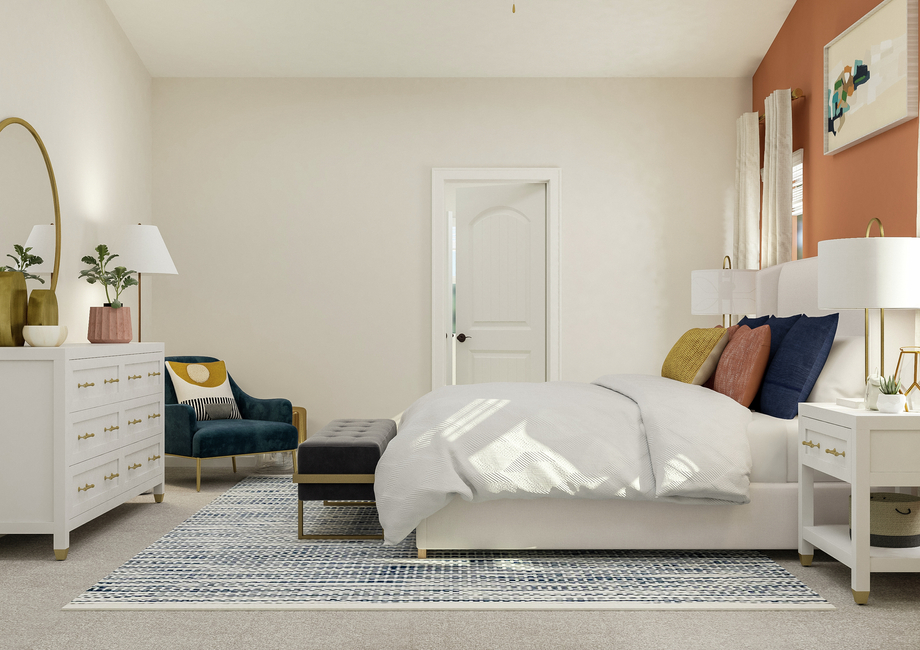 Rendering of the large master bedroom  with vaulted ceiling. The bed and nightstands are opposite a wall with the  dresser and armchair.