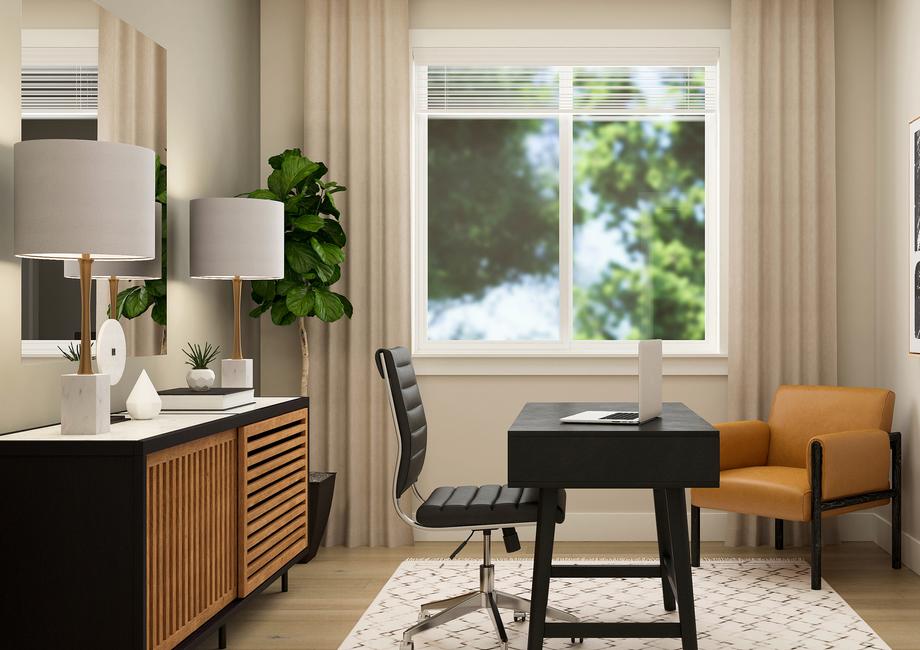 Rendering of an office furnished with a
  desk and a dark console behind the desk.