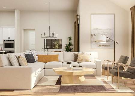 Rendering of the living area showing a
  large white sectional, coffee table, matching accent chairs, a view of the
  dining area and kitchen in the background, and light wood flooring
  throughout.