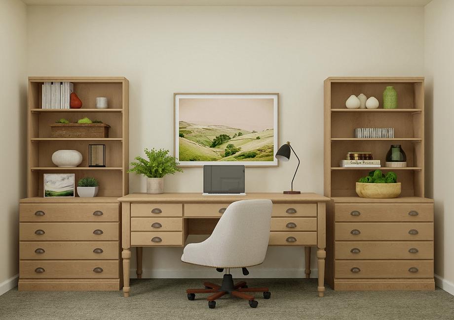 Rendering of a bedroom furnished as an
  office with a desk centered between two bookshelves.Â 