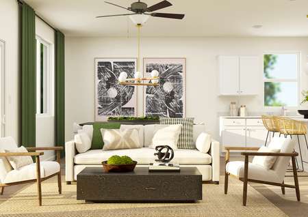 Rendering of a
  living room furnished with a white couch and two side chairs. The kitchen can
  be seen behind the living room.