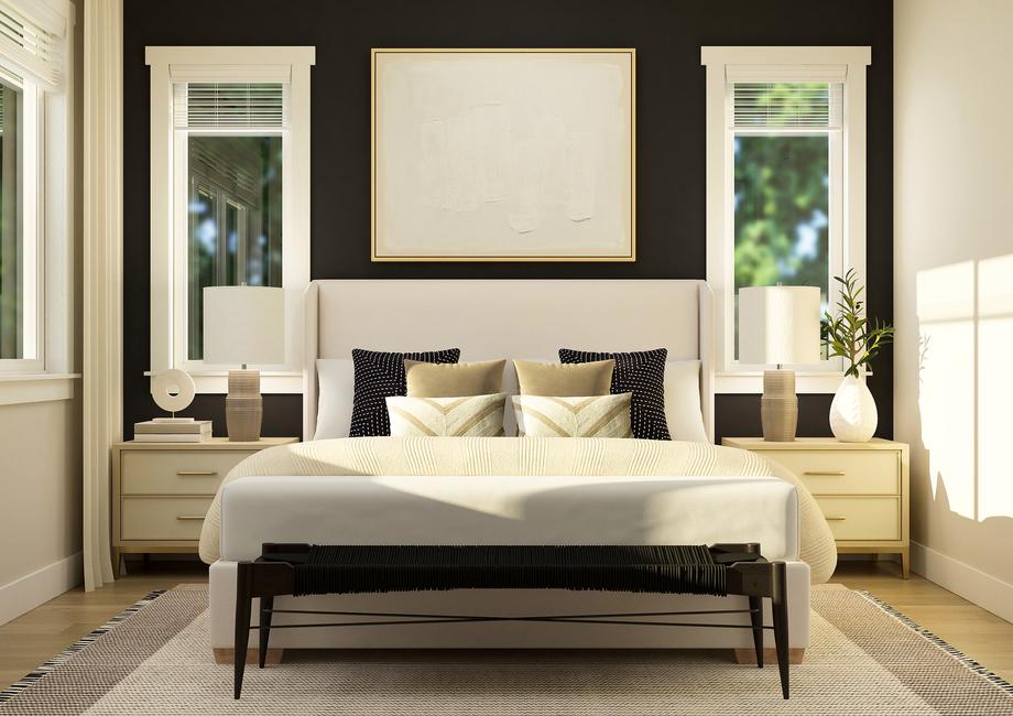 Rendering of the master bedroom with a
  large white bed and two side tables. This room also has windows and art on
  the wall.