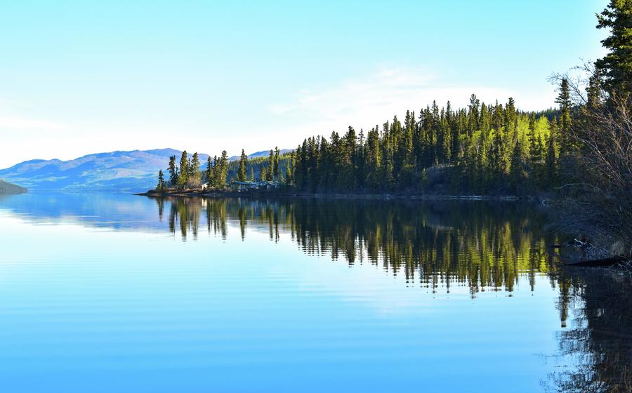 A clear morning reflection of the forest and mountains in a calm lake or river.