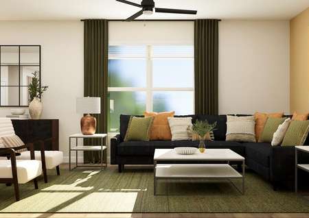 Rendering of the
  spacious living room with a large window. The room is furnished with a large
  sectional couch, two end tables, a coffee table and two accent chairs. A
  green rug sits on the wood-look flooring.