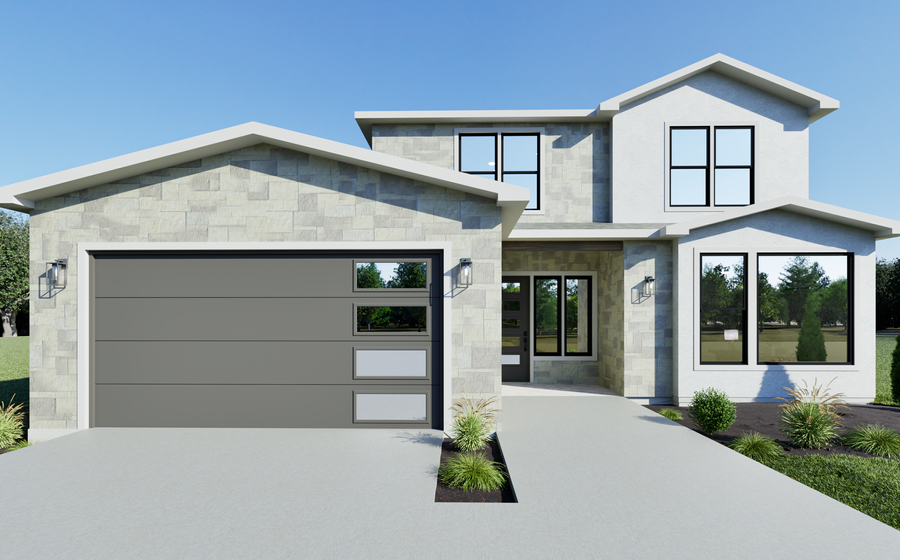 Modern two-story house with light stone facade, large windows, and gray garage door. Surrounded by green lawn, trees, and blue sky. Contemporary and welcoming.