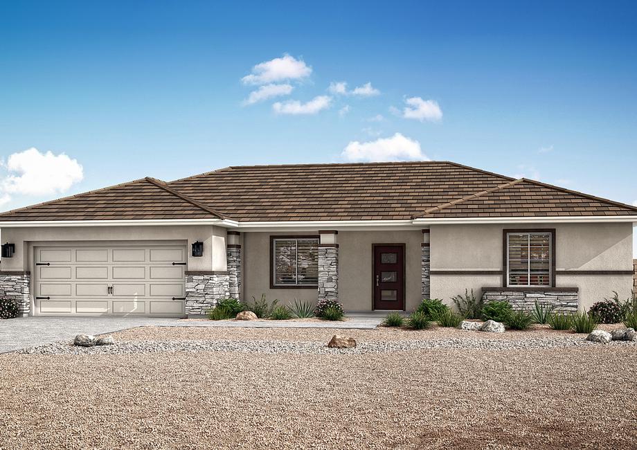 The Hermosa plan has a stucco and stone exterior.
