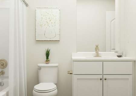 Rendering of a full bath with a shower,
  toilet, white cabinet vanity and linen storage.