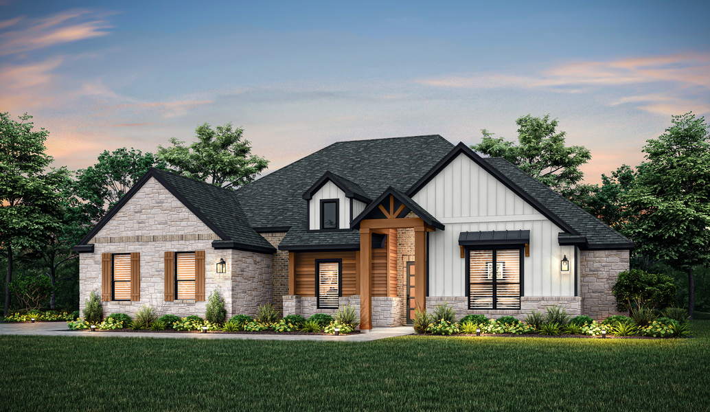Dusk rendering of the beautiful, one-story Hefner floor plan.