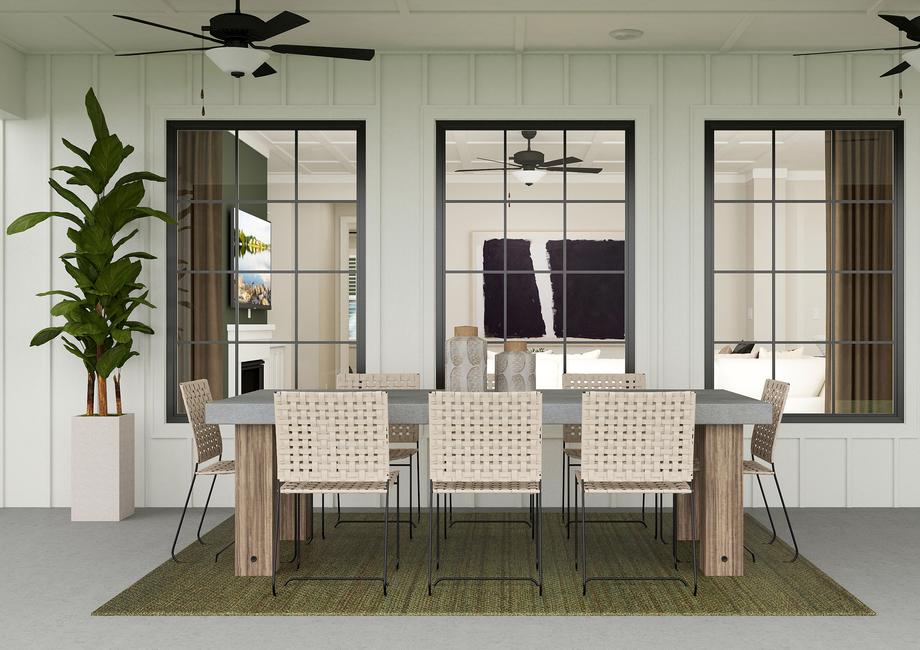 Rendering of outside patio with a large
  eight-person table.