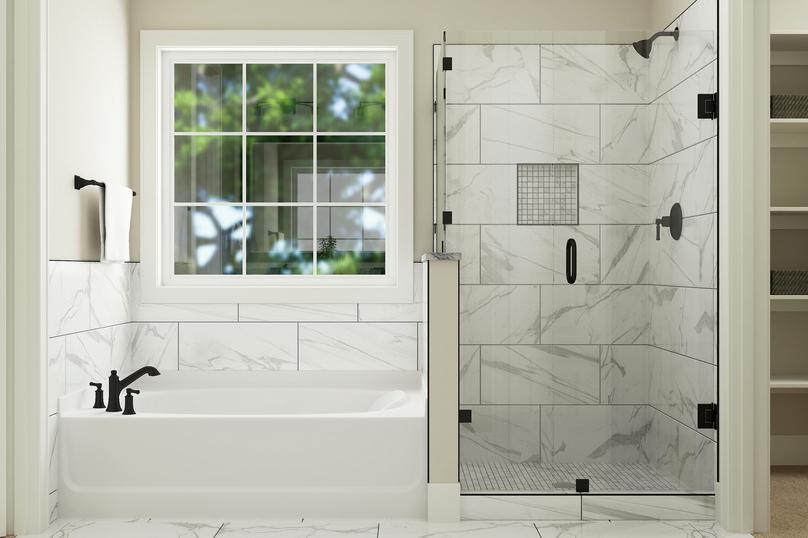 Rendering of master bathroom showing a
  white soaking tub next to a large shower.