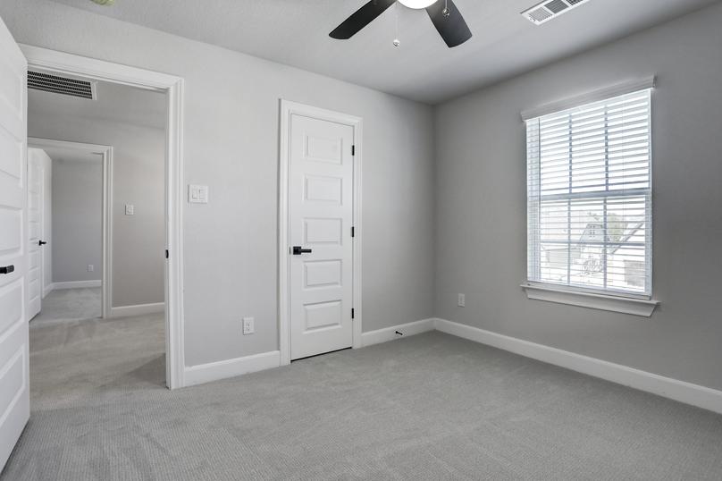 Secondary bedroom with carpet, a window and a walk-in closet.