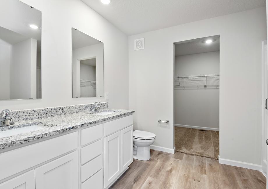 The master bathroom has a dual sink vanity and large walk in closet. 