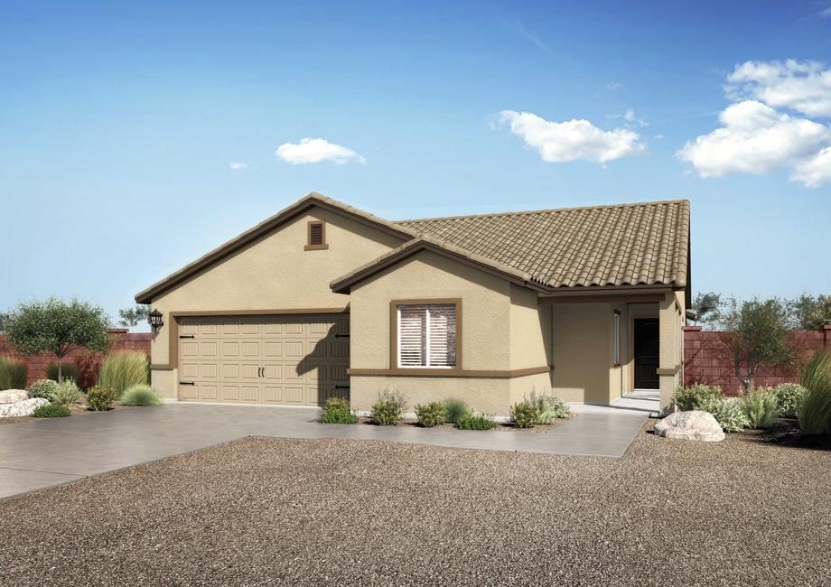 The Cottonwood floor plan renderings with an attached two-car garage.