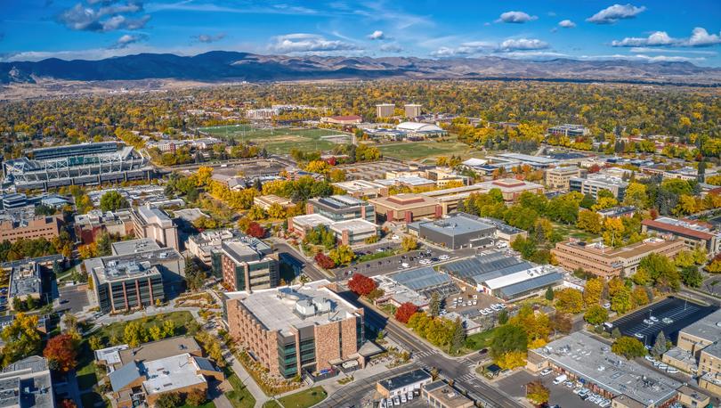 An aerial view of Colorado State University in Fort Collins.