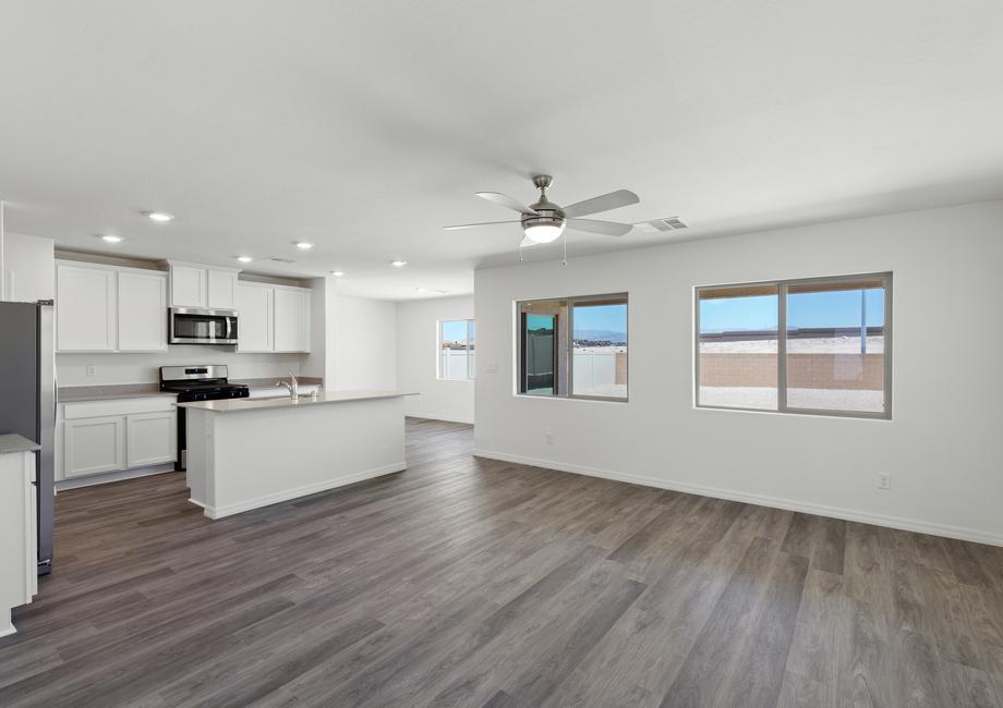 The open layout shows the kitchen open to the dining room and family room.