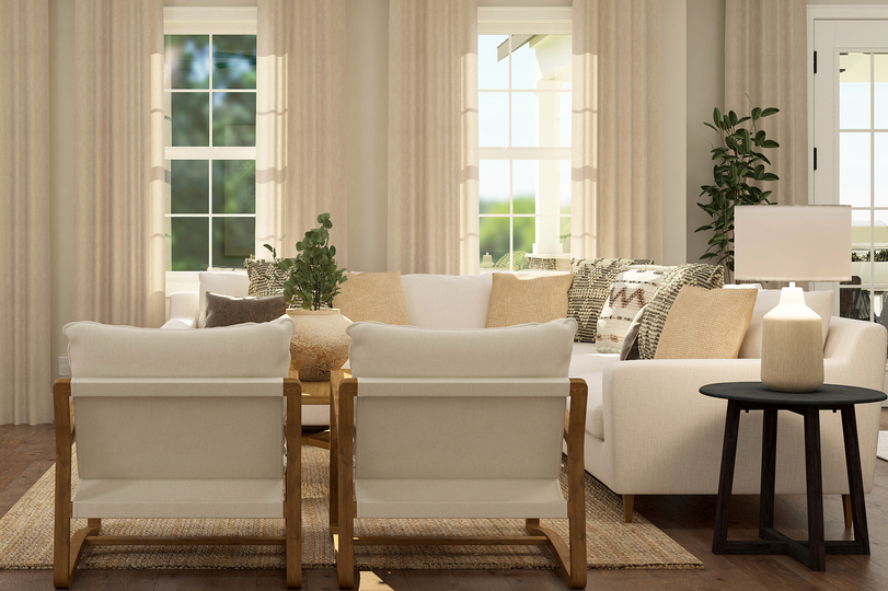 Rendering of living room with a large
  white sectional and two side chairs. This room also has three large windows
  behind the couch.