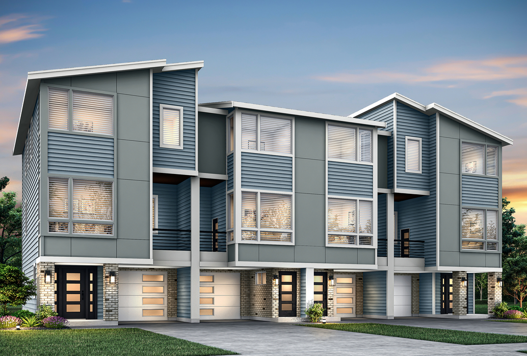 Dusk rendering of the Adeline and Madelyn townhomes.