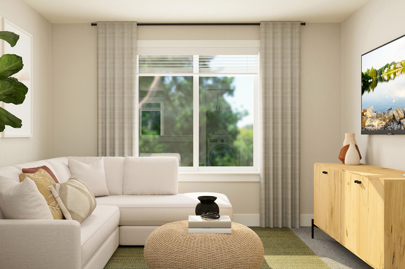 Rendering of a flex space with a large couch and media center.