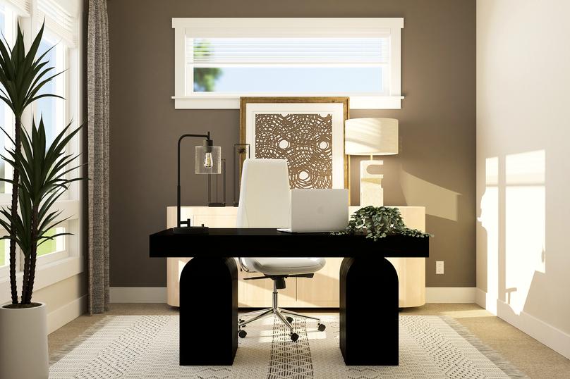 Rendering of office furnished with a dark
  desk in front of a white console. The room also has plants and two lamps.