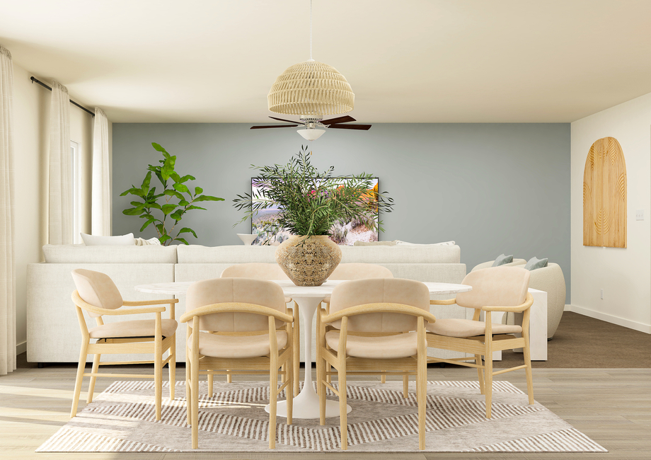 Rendering of the dining room furnished  with a large white table. This living room can be seen behind the table.