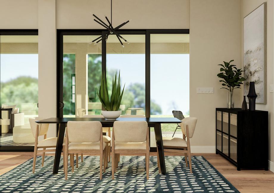 Rendering of the Garza's dining room
  featuring a wood dining table, six chairs, and chandelier with light wood
  flooring throughout. Large sliding doors provide a view into the patio.