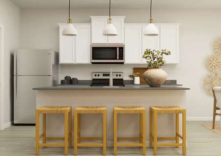 Rendering of a
  kitchen with stainless steel appliances and white cabinetry. There are also
  four barstools at the counter. 