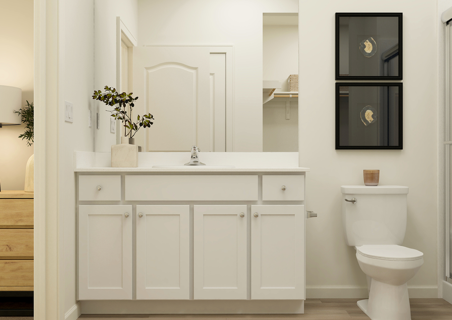 Rendering of a
  master bathroom showing a white single-sink vanity next to a toilet and
  shower.Â 