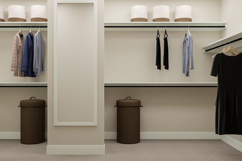 Rendering of the his and hers walk-in
  closet with multiple shelves, hanging rods and a full-length mirror.