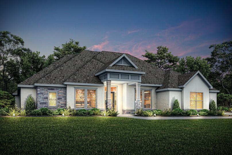 Two-story Timberland elevation rendering at dusk with stucco and stone accents.