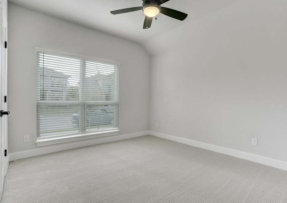 Secondary bedroom with carpet and a ceiling fan.