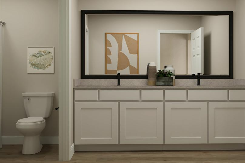 Rendering of a large full bath with a
  double-sink vanity. The shower and toilet are separated by a doorway.Â 