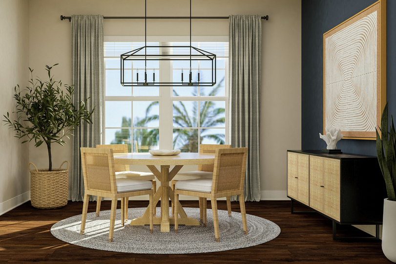 Rendering of dining room showing a round
  table and chairs with light fixture above a large window and surrounding
  décor with dark wood look flooring throughout.