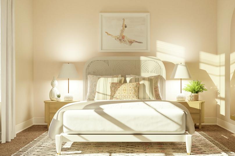 Rendering of a third bedroom showing a
  framed bed with matching nightstands and dÃ©cor, with beige carpet flooring
  throughout.