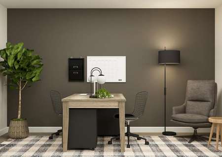 Rendering of office furnished
  with a desk with chairs. This room also has a large chair in the corner. 