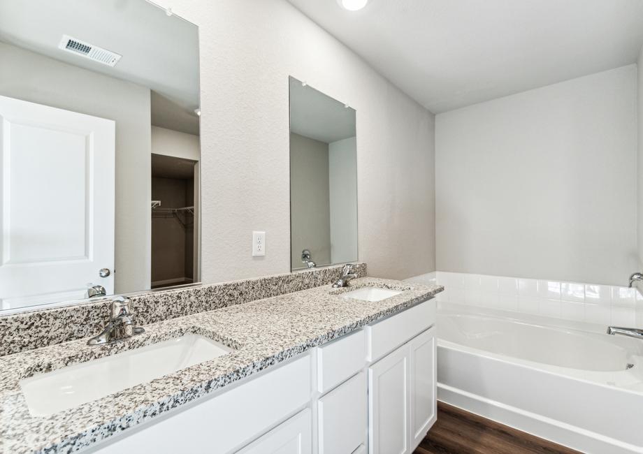 The master bathroom has a dual sink vanity and soaking tub.